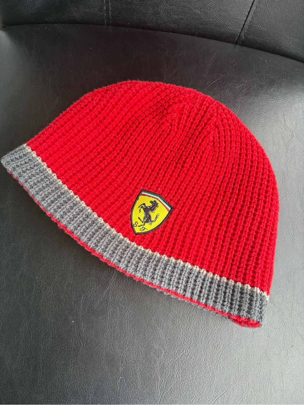 Ferrari Red Knit Beanie with Gray Edge and Shield Patch